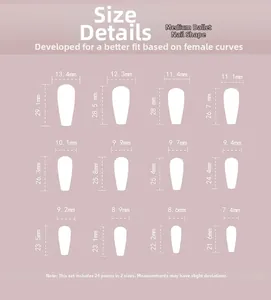 Tableau des tailles pour 12 ongles ballerines mi-longs avec dimensions précises