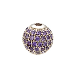 Macro view of a spherical bead featuring micro-set purple crystals and silver-tone finish