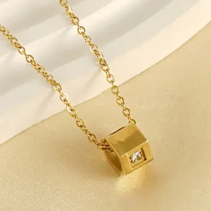 Geometric Cube Pendant Necklace 18K Gold Plated Stainless Steel Square Zircon Minimalist Jewelry For Women
