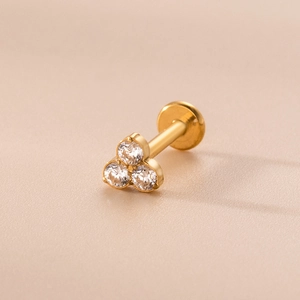 16G Gold stainless steel labret stud with triangle trio cubic zirconia stones