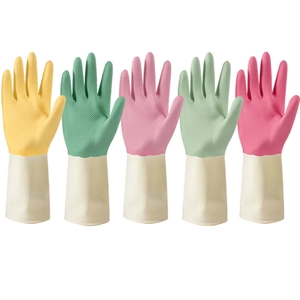 Five pairs of durable waterproof household cleaning gloves in diverse colors with textured grip