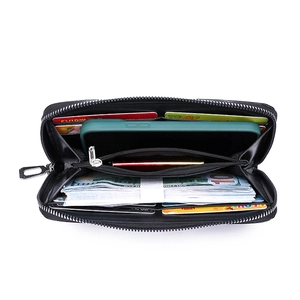 Internal view of long leather wallet showing card slots and smartphone compartment