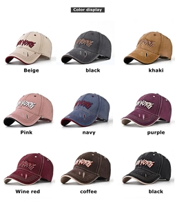 Detailed color display of vintage washed cotton baseball caps with New York embroidery