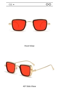 Front and 45-degree angle views of vintage gold metal square frame sunglasses with orange lenses