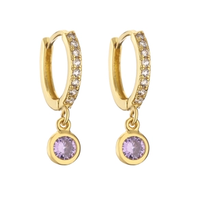 18K gold plated hoop earrings with purple round stone charms and zircon inlay