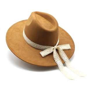 Brown wide brim jazz fedora hat with elegant white lace ribbon and bow decoration
