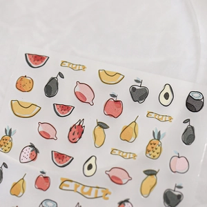 Embossed fruit nail art stickers with 3D texture featuring lemons, apples, and watermelons