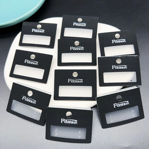 Elegant black rectangle earring display cards with silver Fashion logo and hanging hooks