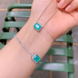 Elegant Emerald Cut Paraiba Blue And Green Zircon Necklace And Bracelet For Women Simple Rectangular Square Halo Commute