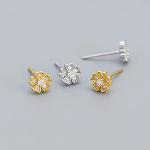 Retro French Flower Stud Earrings With 925 Sterling Silver Earring Post And Zircon Elegant Mini Flower Shape For Women