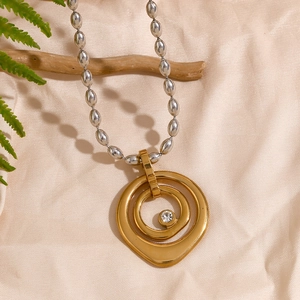18K gold plated concentric rings pendant with crystal on silver bead chain necklace