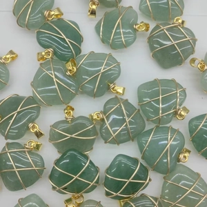 Handmade green agate heart pendants wrapped in gold wire for DIY jewelry making