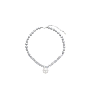 Gray pearl necklace with crystal beads and large white pearl drop pendant jewelry