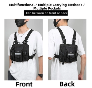 Front and back views of a versatile black tactical chest bag with multi-pocket system