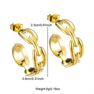 Polished gold stainless steel coffee bean link earrings for women, 0.91 inch diameter