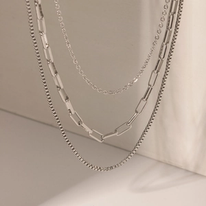 Triple Layer Stainless Steel Necklace Women Fashion Silver Color Multi Layered Paperclip Box Cross Chain Jewelry Gift