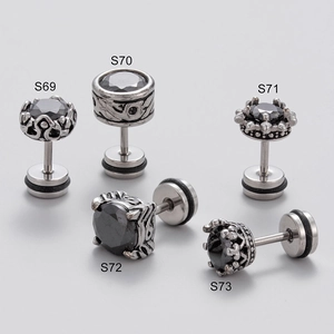 Vintage Punk Mens Stud Earrings Stainless Steel With Black Zircon Geometric Retro Hip Hop Piercing Jewelry