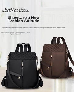 Detail of quilted nylon backpacks in black and brown with multi-compartment storage