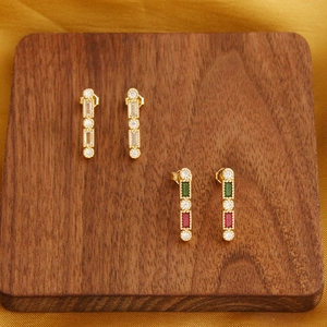 Geometric Bar Stud Earrings Colorful Zircon Copper Jewelry With 925 Sterling Silver Earring Post Rectangular Fashion Women
