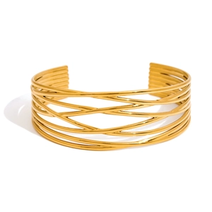 Elegante bracciale aperto in acciaio inossidabile dorato con design a fili intrecciati