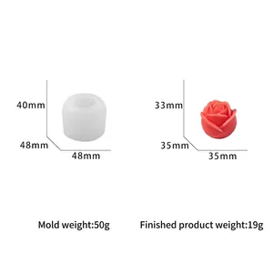 Detailweergave van 3D-roos siliconen mal met afgewerkte kaars en de afmetingen in mm