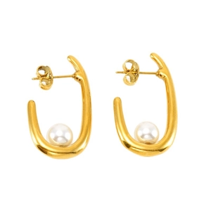 Boucles d'oreilles en forme de U en acier inoxydable doré avec perles blanches