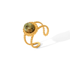 French vintage stainless steel open ring with green natural stone and beaded texture