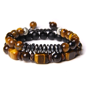 Natürliches Tigerauge Hämatit Achat Gewebtes Herren Armband Retro Geometrisches Perlen Doppelschicht Handschmuck Einstellbar