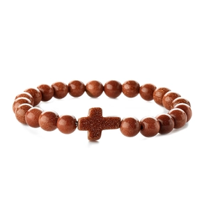 Cross pendant beaded bracelet with brown gold sandstone and elastic string for women