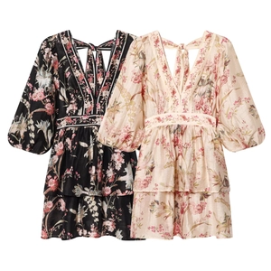 Women Floral Print Mini Dress V Neck Lantern Sleeve Tiered Ruffle Hem Back Tie Elegant Fashion Casual Summer Outfit