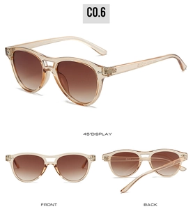 Detailed views of champagne oval sunglasses with gradient brown lenses and double bridge