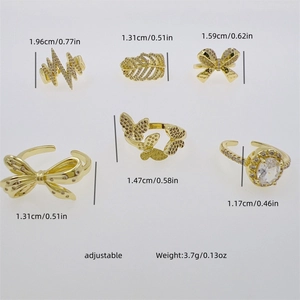 6-piece set of 18K gold plated adjustable rings with butterfly and zircon leaf designs