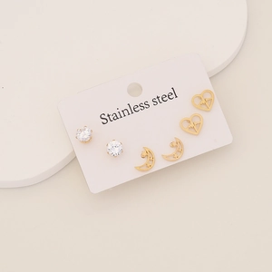 3-pair stainless steel stud earrings set featuring gold heart moon star and zircon designs