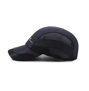 Detail of breathable black mesh fabric on quick-dry baseball cap with outdoors logo