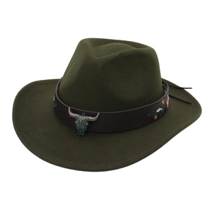 Chapeau de cowboy vert foncé en feutre avec broderie florale et emblème de taureau