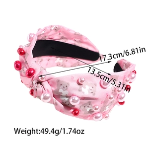 Detailed dimensions of pink fabric headband with pearls and bear pattern
