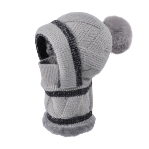 Winter fleece-lined integrated knit hat with face mask and neck warmer in grey