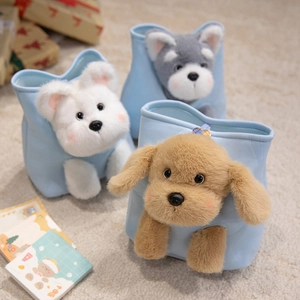 Three plush blue dog handbags featuring Pomeranian, Schnauzer, and Teddy designs
