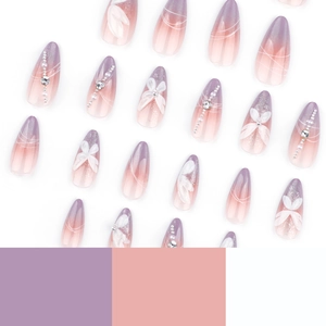 Purple cat-eye gradient press-on nails with 3D floral accents and crystal chain decor