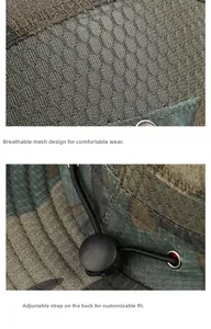Détails du chapeau de camouflage avec maille respirante et cordon de serrage réglable