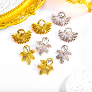 Vintage 18K gold plated stainless steel fan and flower stud earrings with crystals