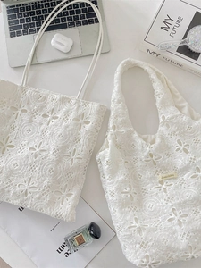 Elegant white floral lace tote and shoulder bag set for summer with delicate embroidery
