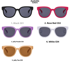 Matrix display of square matte sunglasses in black, rose, purple, white and jelly tea colors