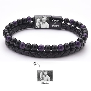Detail of double-layer men's bracelet with map stone beads and custom engravable magnet clasp