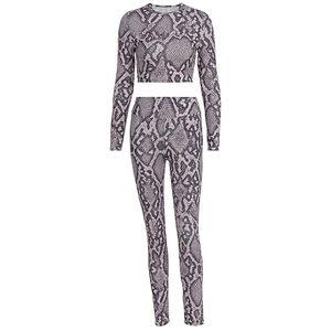 Detail of high-waist snake print leggings and long sleeve crop top fitness set