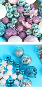 Macro detail of mixed Christmas ornaments with glittery, matte, and striped blue finishes