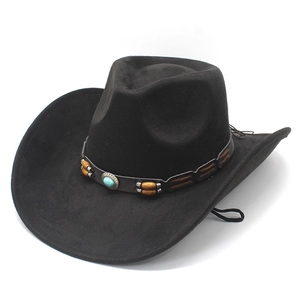 Close-up of black suede cowboy hat featuring turquoise stone and wood bead band