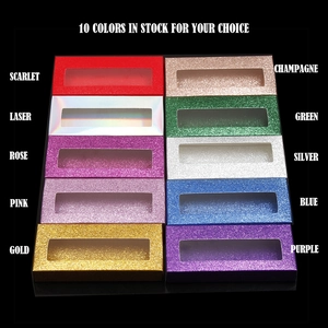 Detailed grid of ten colorful glitter false eyelash boxes with clear rectangle windows