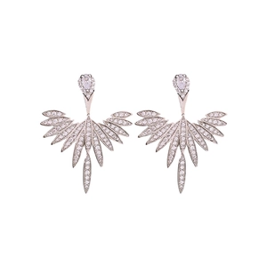 Silver needle leaf flower pendant earrings with cubic zirconia in a wing shaped design