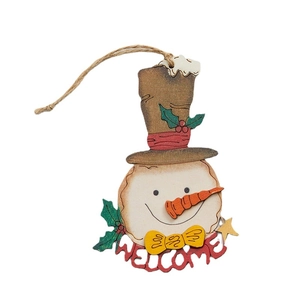 Handcrafted 12cm wooden snowman ornament with Welcome sign for Christmas tree decoration